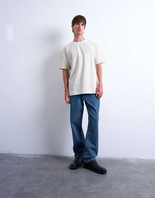 Topman – Luźny T-shirt w kolorze ecru w drobne prążki, 4 z 5