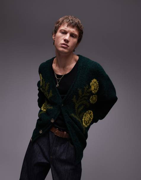 Topman – Luźny zielony kardigan z żakardowym kwiatowym wzorem - view 1