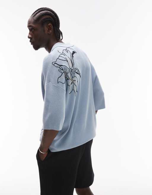 Topman - Lyseblå og afslappet skjorte i strik med reverskrave og blomsterbroderi, 3 af 4