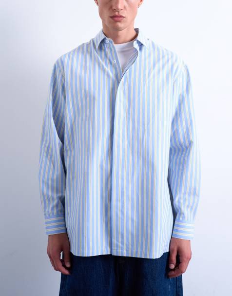 Topman - Lyseblå og gul oversized skjorte med lange ærmer og striber - view 1