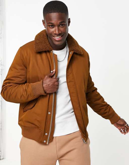 Topman - Lysebrun bomber-jakke med krave i imiteret lammeskind