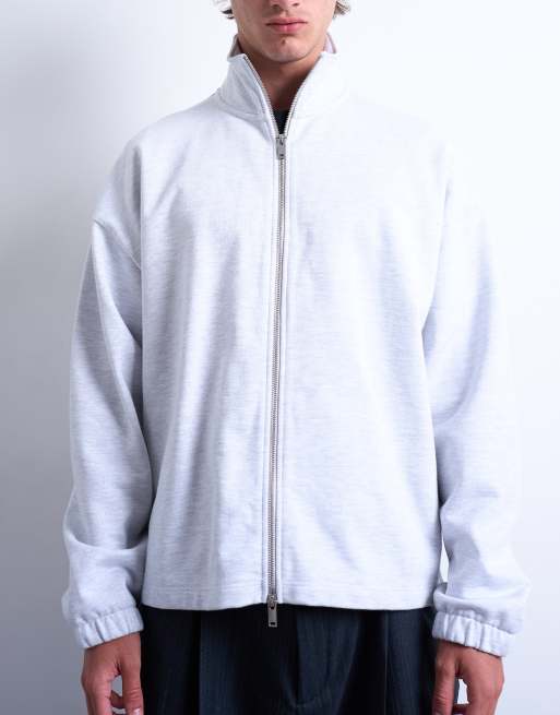 Topman - Lysegrå og meleret sweatshirt med ståkrave og lynlås samt firkantet pasform i kraftigt materiale, 2 af 5
