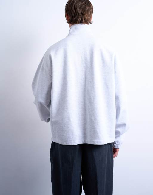 Topman - Lysegrå og meleret sweatshirt med ståkrave og lynlås samt firkantet pasform i kraftigt materiale, 3 af 5