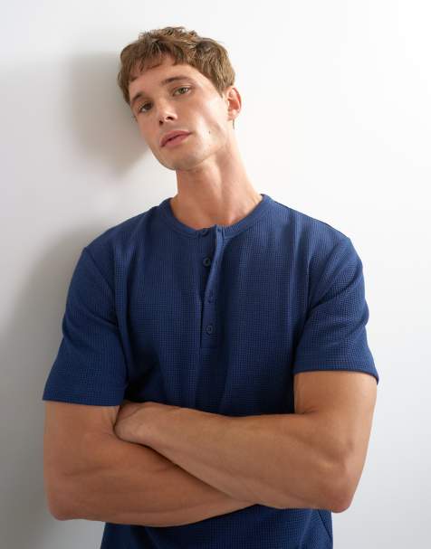Topman - Maglia serafino slim a maniche corte blu navy a nido d'ape - view 1