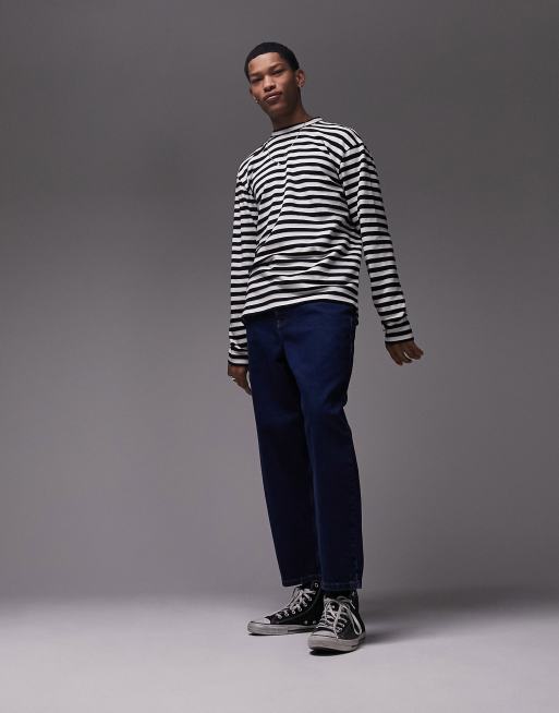 Topman - Maglietta a maniche lunghe oversize bianca e blu navy a righe con tasca
