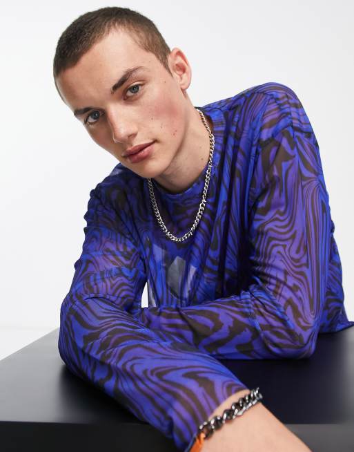 Topman - Maglietta a maniche lunghe oversize in rete blu con stampa marmorizzata