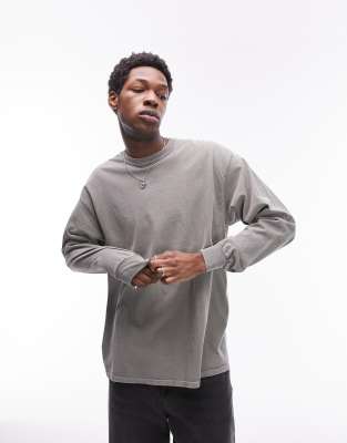 Topman - Maglietta a maniche lunghe oversize kaki lavaggio vintage