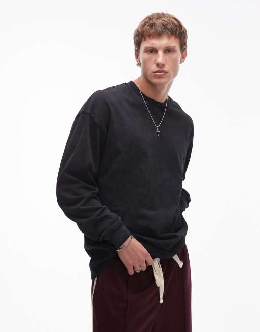 Topman - Maglietta a maniche lunghe oversize nero slavato