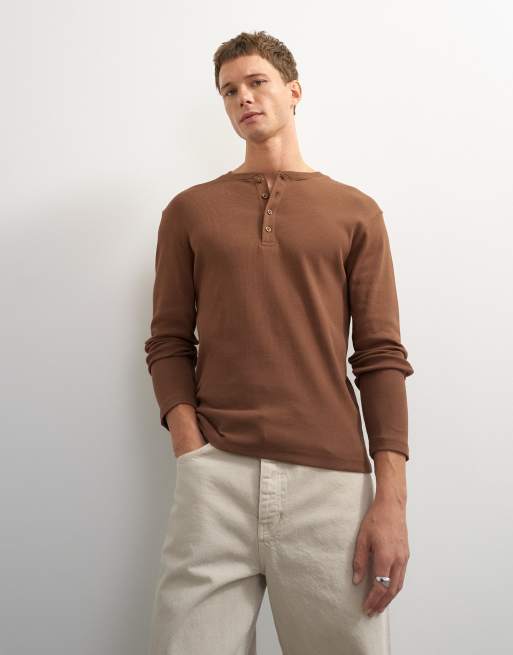 Topman maglietta henley a maniche lunghe slim fit a coste marrone, 2 di 7