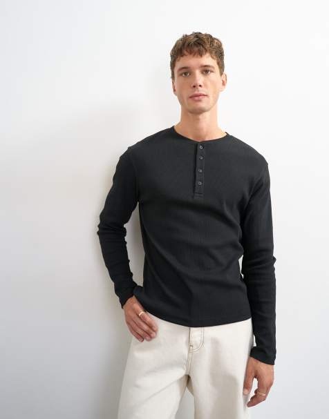 Topman maglietta henley a maniche lunghe slim fit a coste nera - view 1