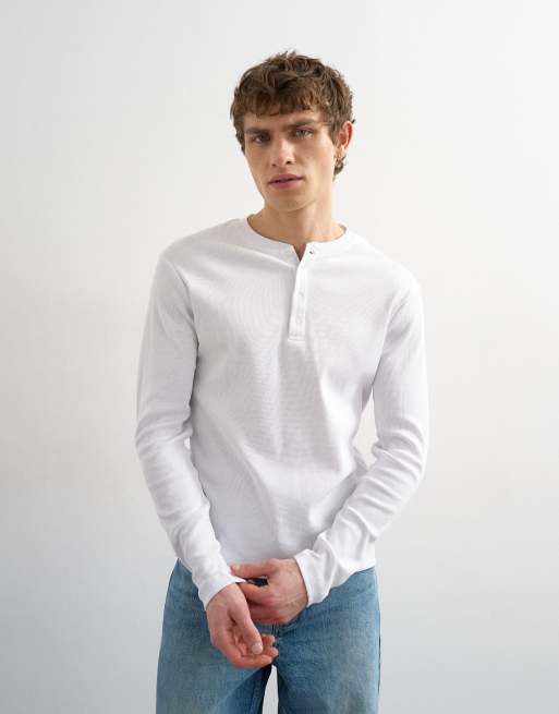 Topman maglietta serafino a maniche lunghe slim fit in bianco, 4 di 5