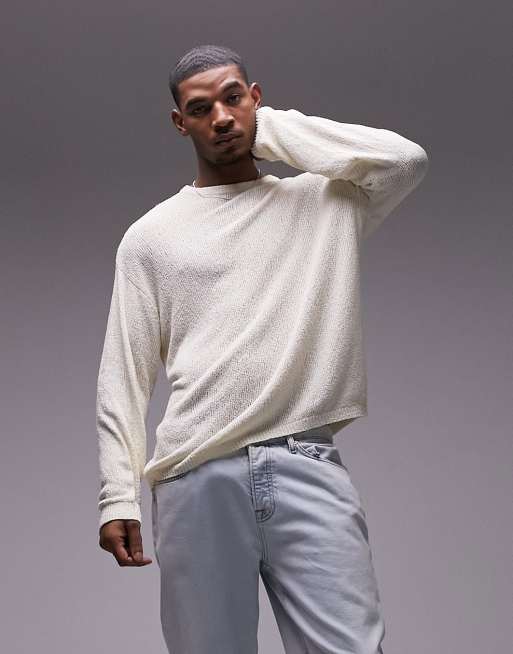 Topman - Maglione a maniche lunghe color pietra bouclé testurizzato