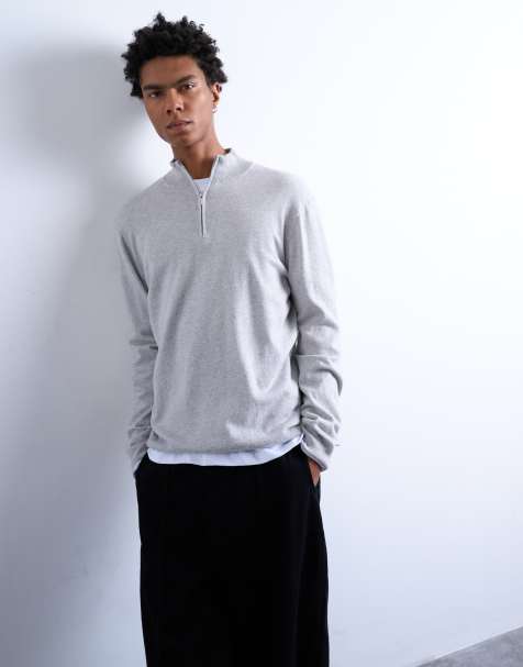 Topman - Maglione basic grigio chiaro con zip corta e collo a imbuto - view 1