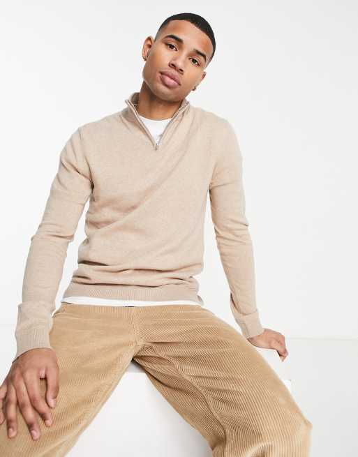 Topman - Maglione color pietra a collo alto con zip