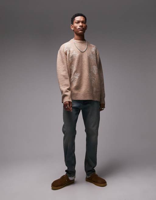 Topman - Maglione color pietra con ricamo floreale