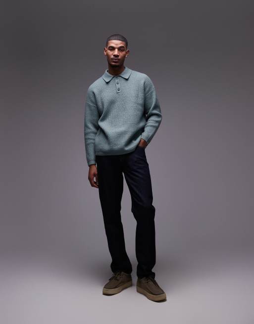 Topman - Maglione comodo color salvia stile polo in maglia compatta, 3 di 4