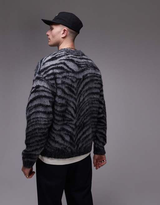 Topman - Maglione comodo nero e bianco animalier girocollo, 2 di 4
