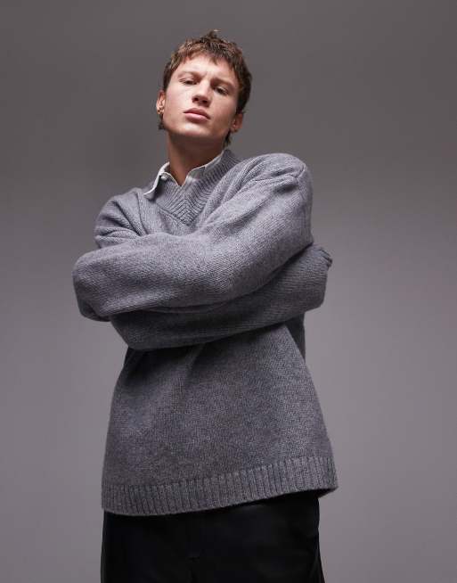 Topman - Maglione comodo premium in lana d'agnello con scollo a V
