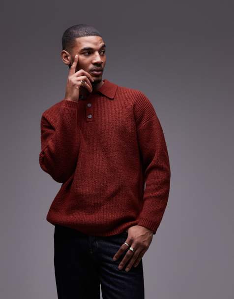 Topman - Maglione comodo rosso scuro stile polo in maglia compatta - view 1