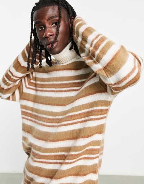 Topman - Maglione con collo alto marrone spazzolato a righe - view 1
