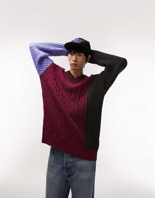 Topman - Maglione con scollo a V in maglia bordeaux con cuciture miste