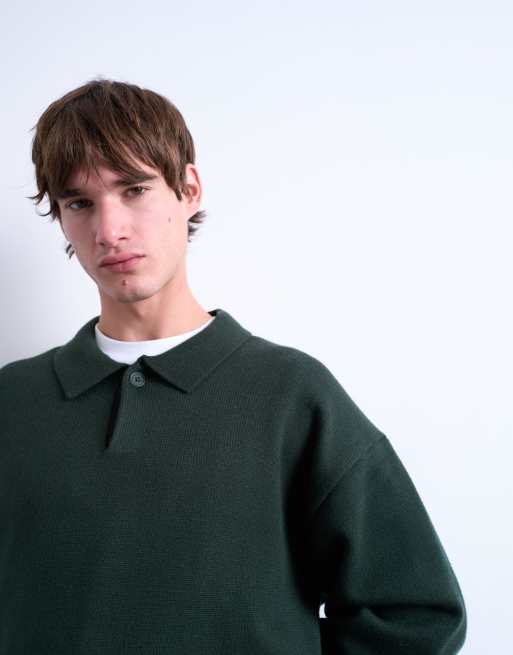 Topman - Maglione elegante stile polo lavorato verde scuro, 3 di 5