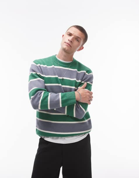 Topman - Maglione girocollo soffice a righe color verde e grigio - view 1