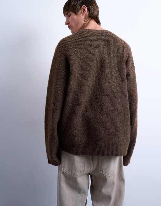 Topman - Maglione marrone oversize con scollo a V, 3 di 5