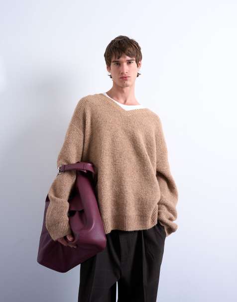 Topman - Maglione oversize color pietra con scollo a V - view 1