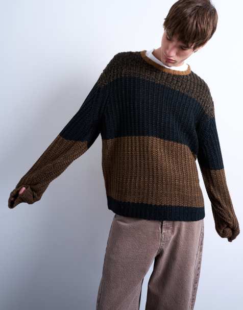 Topman - Maglione oversize marrone a righe color block - view 1