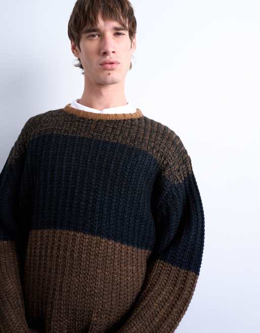 Topman - Maglione oversize marrone a righe color block, 3 di 5