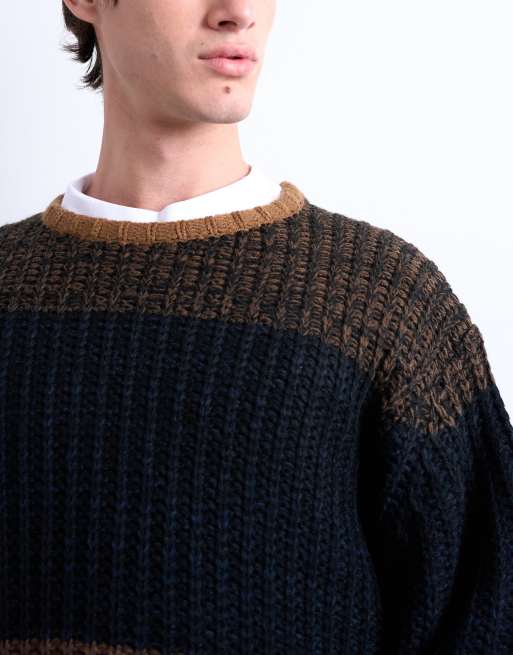 Topman - Maglione oversize marrone a righe color block, 5 di 5