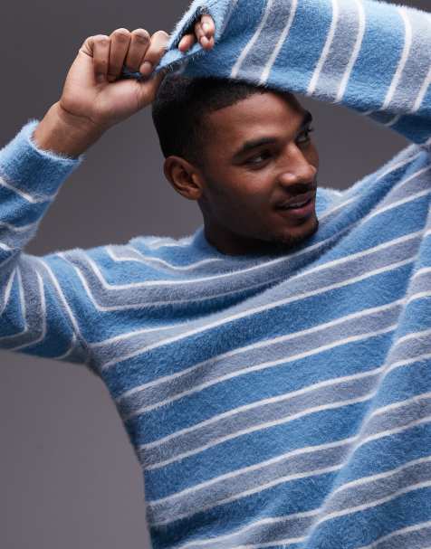 Topman - Maglione taglio comodo spazzolato blu e bianco a righe - view 1