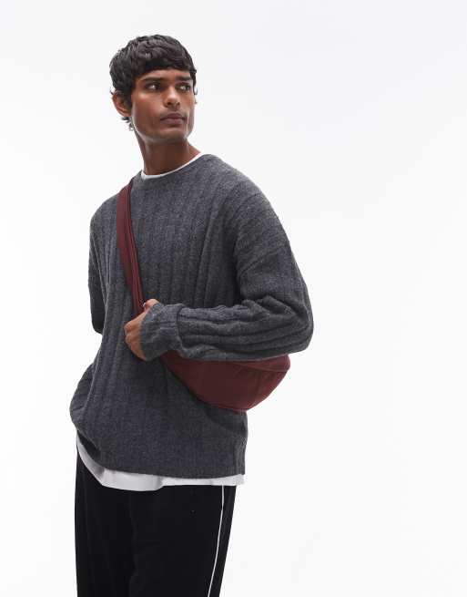 Topman - Maglione vestibilità comoda color antracite a coste, 2 di 4
