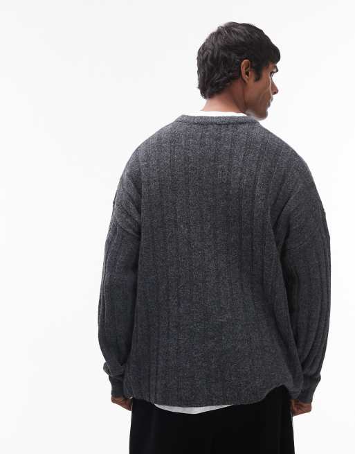 Topman - Maglione vestibilità comoda color antracite a coste, 3 di 4