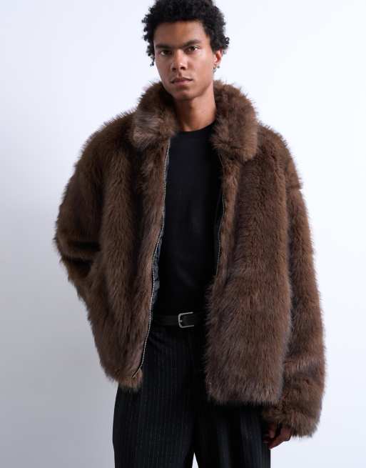 Topman – Mantel aus Kunstpelz in Braun mit durchgehendem Reißverschluss, 3 von 5