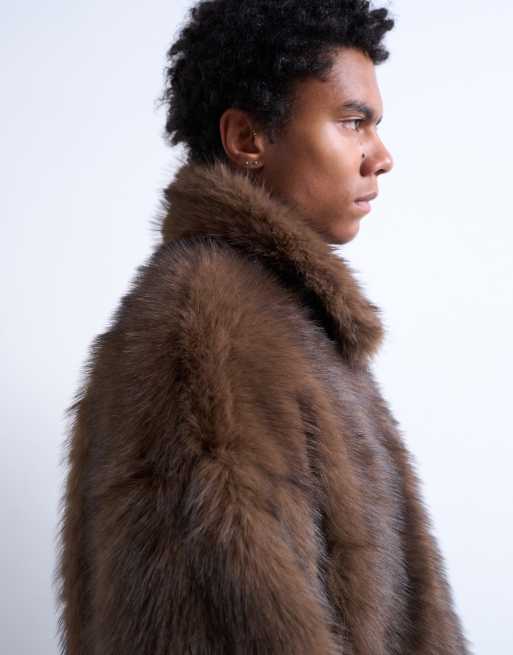 Topman – Mantel aus Kunstpelz in Braun mit durchgehendem Reißverschluss, 4 von 5