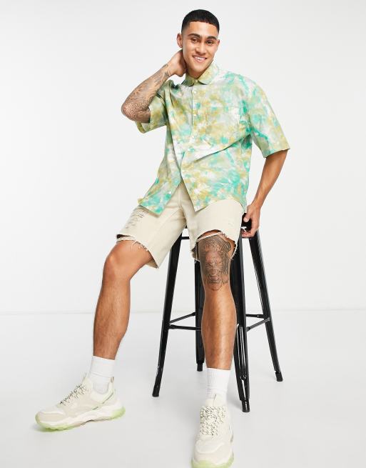 Topman marble print relaxed shirt in green, 4 of 4