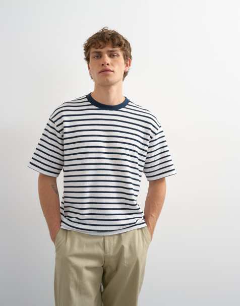 Topman – Marinblå, avslappnad t-shirt med textur och breton-ränder - view 1