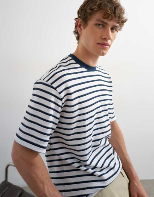 Topman – Marinblå, avslappnad t-shirt med textur och breton-ränder, 2 av 5
