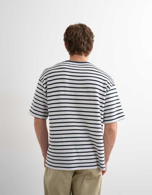 Topman – Marinblå, avslappnad t-shirt med textur och breton-ränder, 3 av 5