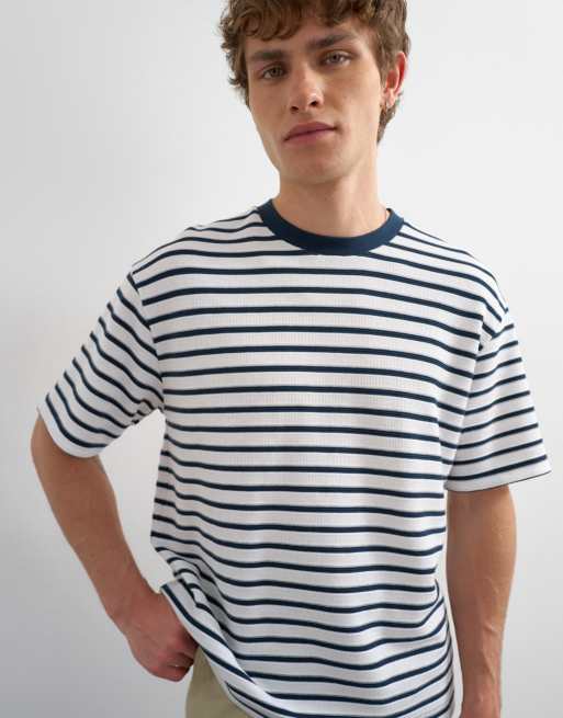 Topman – Marinblå, avslappnad t-shirt med textur och breton-ränder, 5 av 5