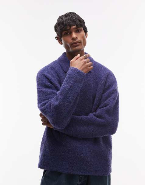 Topman – Marinblå pikétröja i oversize och bouclé - view 1
