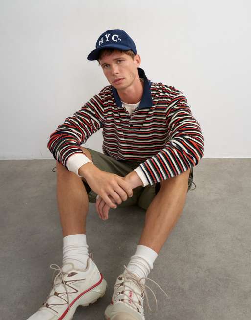 Topman – Marinblå, randig och kort pikétröja i velour med avslappnad passform, 2 av 5