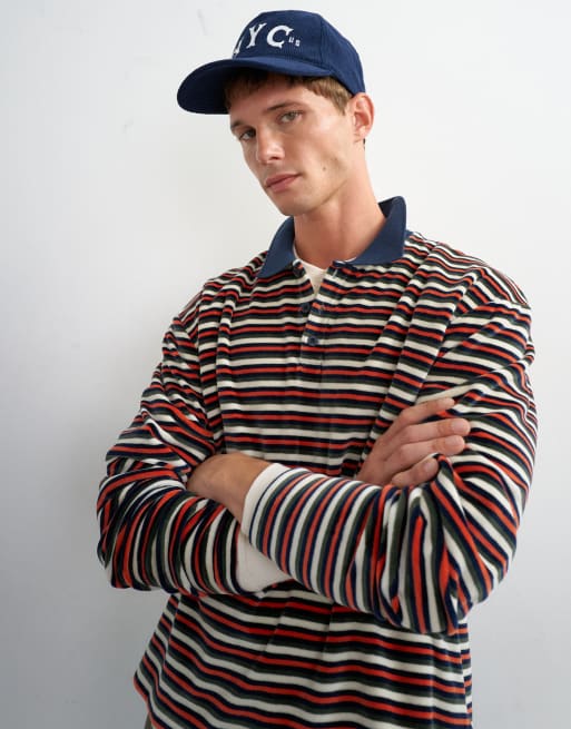 Topman – Marinblå, randig och kort pikétröja i velour med avslappnad passform, 4 av 5