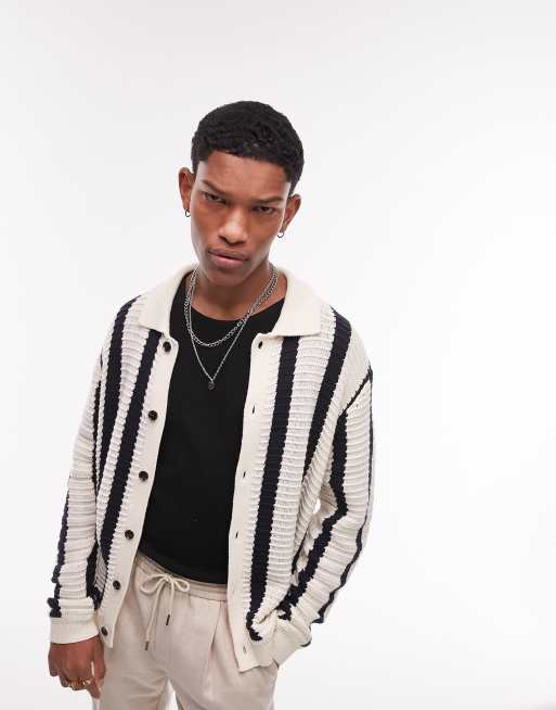 Topman – Marinblå, randig, stickad kofta med knäppning