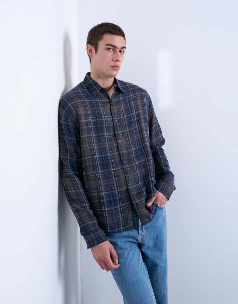 Topman – Marinblå, rutig, skir skjorta i regular fit - view 1