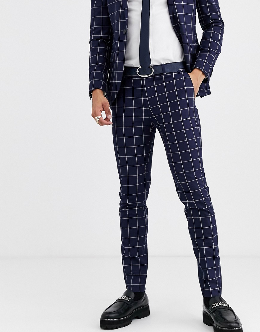 Topman – Marinblå rutiga kostymbyxor med smal passform