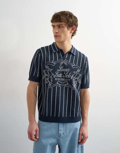 Topman – Marinblå, stickad och randig pikétröja med avslappnad passform och 'East Side'-tryck i jacquard - view 1
