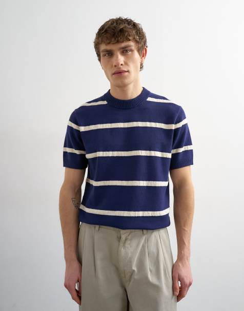 Topman – Marinblå, stickad och randig t-shirt med klassisk passform - view 1